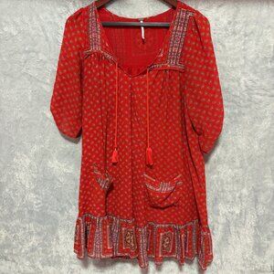 Free People Dress Womens Medium Red Babydoll Tunic Boho Festival Pockets